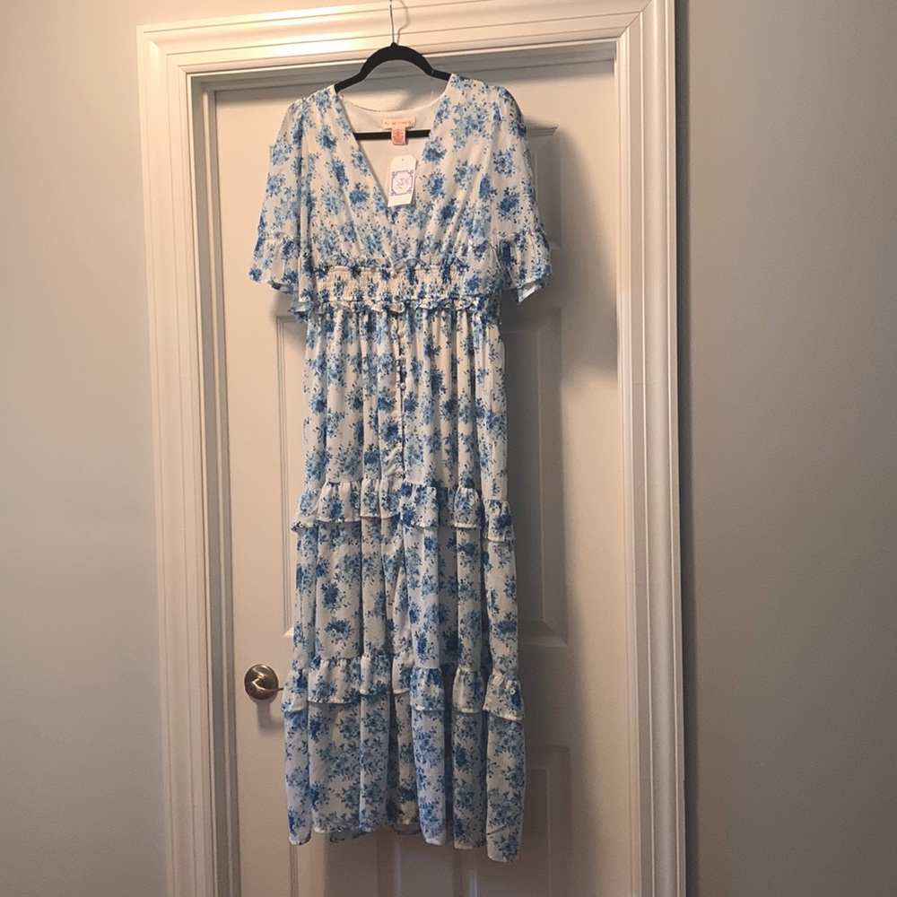 Midi Sleeve Blue Floral Dress